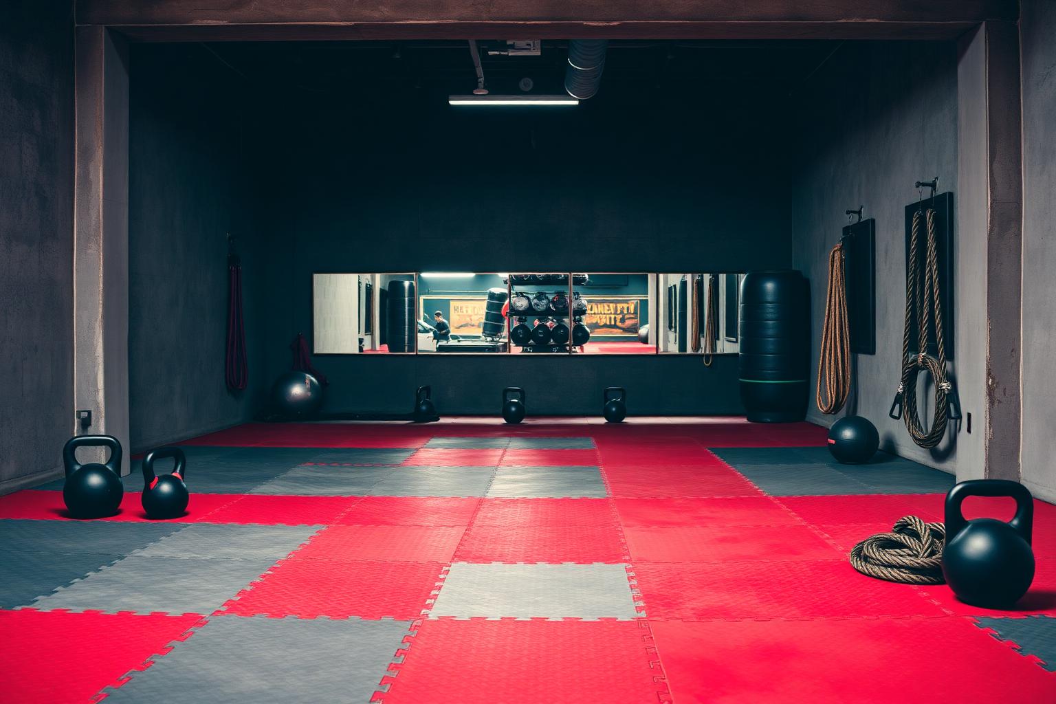 Kettlebells and coiled battle ropes on red and grey mats beside a mirrored wall