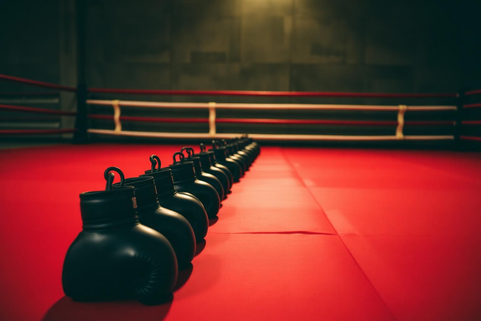 Small boxing gloves lined up in a row along the edge of a red mat