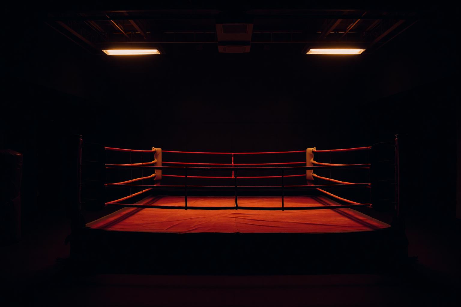 Empty boxing ring with red ropes under warm overhead lights