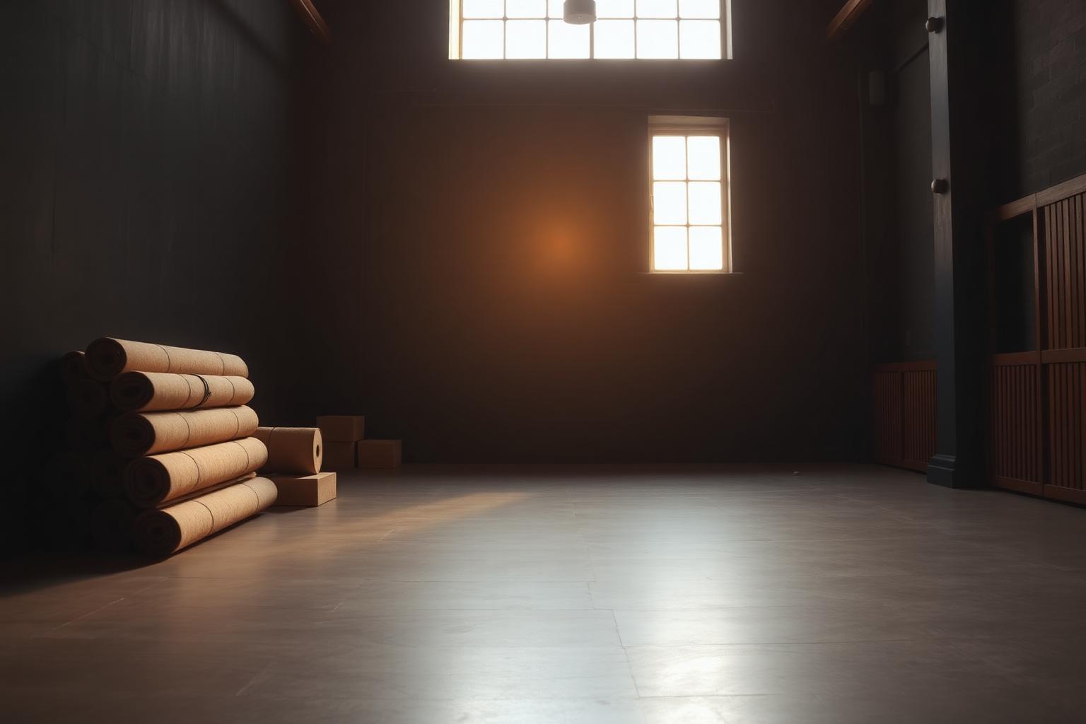 Rolled cork yoga mats and blocks stacked against a dark studio wall