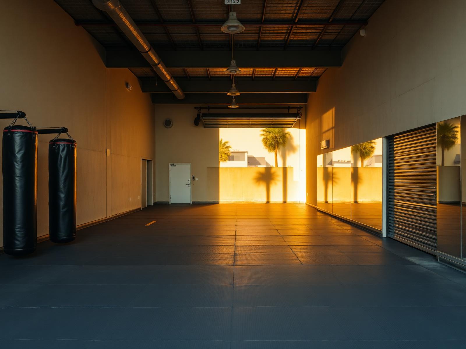 Open gym mat floor with heavy bags on one wall and late afternoon light through a roll-up door