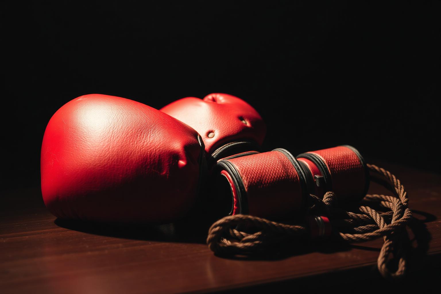 Red boxing gloves, hand wraps and a jump rope resting on a dark bench